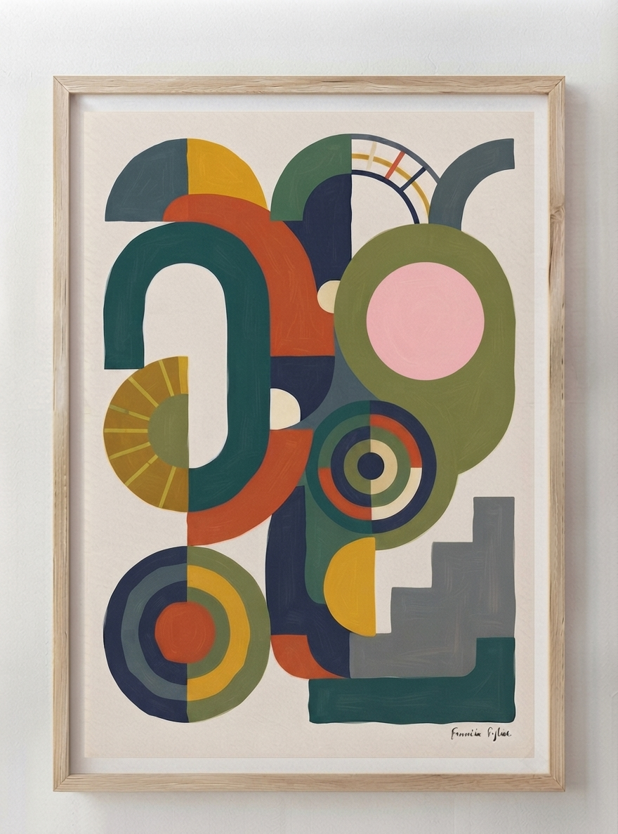 Framed Bauhaus Abstract Geometric Wall Poster featuring a Mid Century Modern Geometric Art Print by Francis Phylae for Phylae Posters, featuring overlapping organic shapes and circles in teal, olive green, orange, yellow, pink, navy, and gray on a cream background, enclosed in a light natural wood frame.