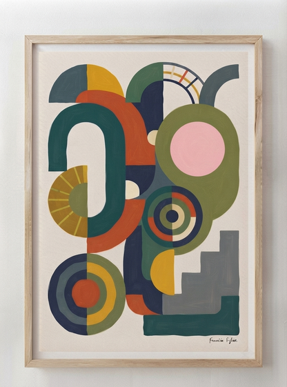 Framed Bauhaus Abstract Geometric Wall Poster featuring a Mid Century Modern Geometric Art Print by Francis Phylae for Phylae Posters, featuring overlapping organic shapes and circles in teal, olive green, orange, yellow, pink, navy, and gray on a cream background, enclosed in a light natural wood frame.