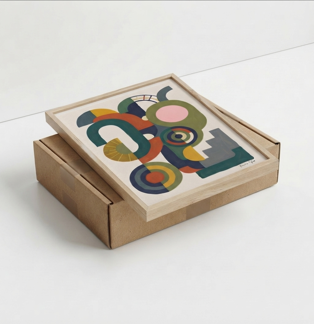 A framed  Bauhaus Abstract Geometric Wall Poster presented as a contemporary abstract graphic design poster by artist Francis Phylae for Phylae Poster with colorful overlapping shapes sits on top of a brown cardboard box against a clean white background.