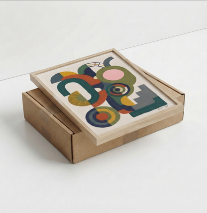 A framed  Bauhaus Abstract Geometric Wall Poster presented as a contemporary abstract graphic design poster by artist Francis Phylae for Phylae Poster with colorful overlapping shapes sits on top of a brown cardboard box against a clean white background.