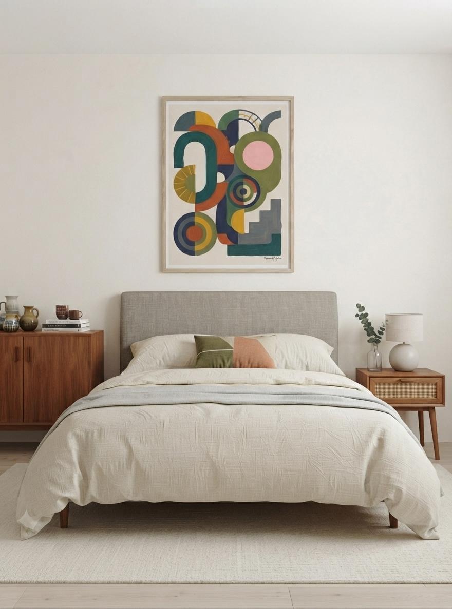 A modern bedroom scene featuring a bed dressed in cream bedding, flanked by wooden nightstands, with a framed abstract  Bauhaus Abstract Geometric Wall Poster showcasing modernist wall art with teal and orange created by Francis Phylae for Phylae Posters, hanging on the wall above the headboard.
