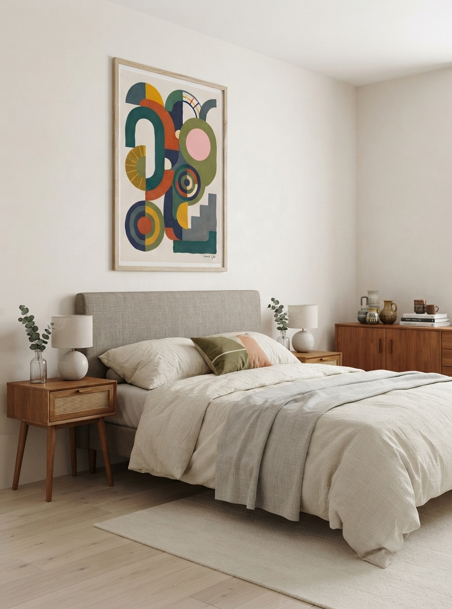 A modern bedroom featuring a bed dressed in neutral beige and cream linens, flanked by wooden bedside tables with white lamps. Above the bed hangs a large framed  Bauhaus Abstract Geometric Wall Poster as a contemporary abstract graphic design poster by Francis Phylae at Phylae Posters  with colorful circles and curved shapes in blue, green, yellow, orange, and pink.