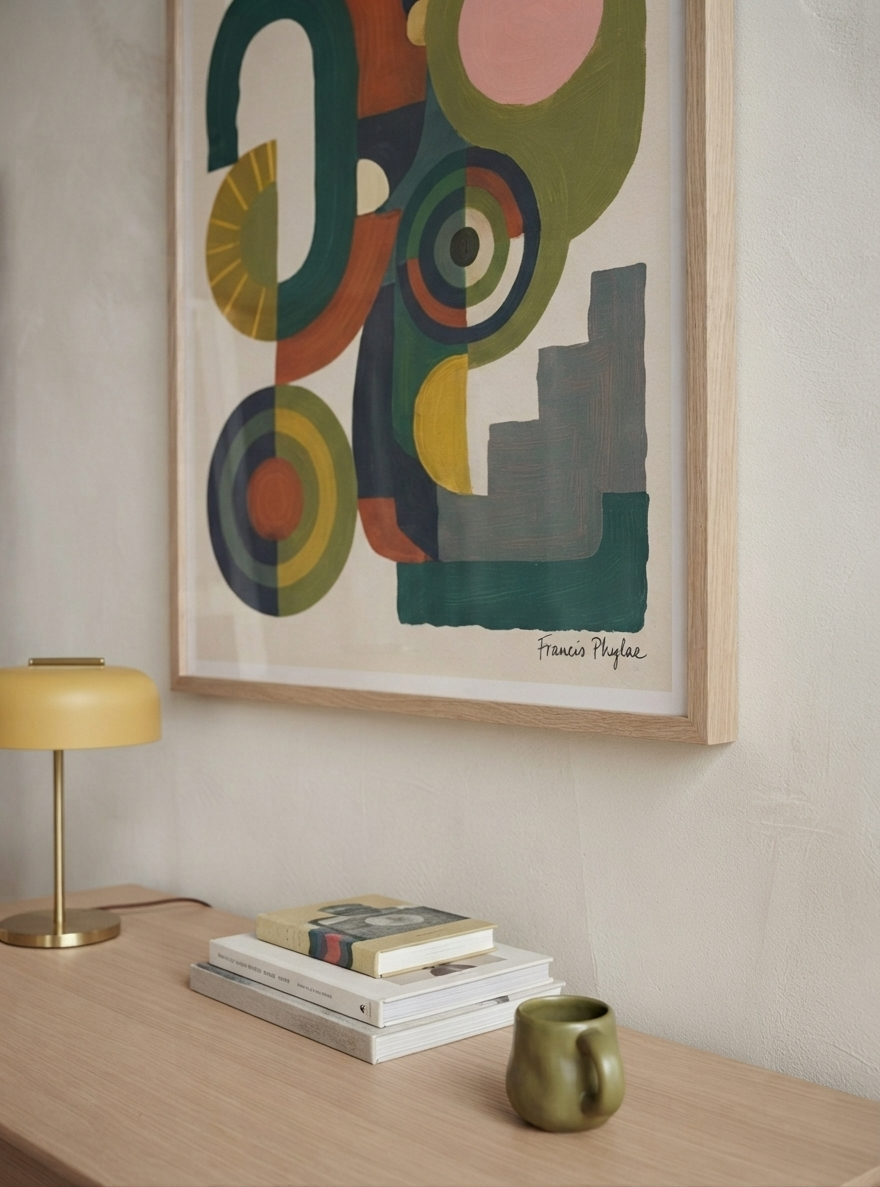 A framed Bauhaus Abstract Geometric Wall Poster inspired by architectural shapes poster design from Francis Phylae at Phylae Posters, with mid-century geometric shapes in green, orange, yellow, pink, and gray, hanging on a textured off-white wall above a light wood console table with a yellow lamp, books, and a green ceramic mug.