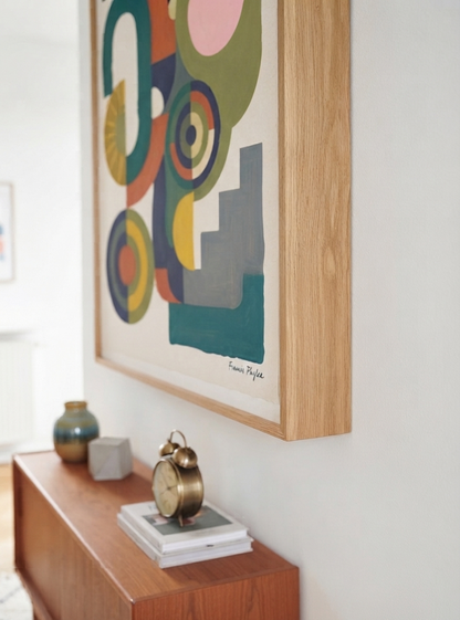 Bauhaus Abstract Geometric Wall Poster showcasing modernist wall art with teal and orange created by Francis Phylae for Phylae Posters.