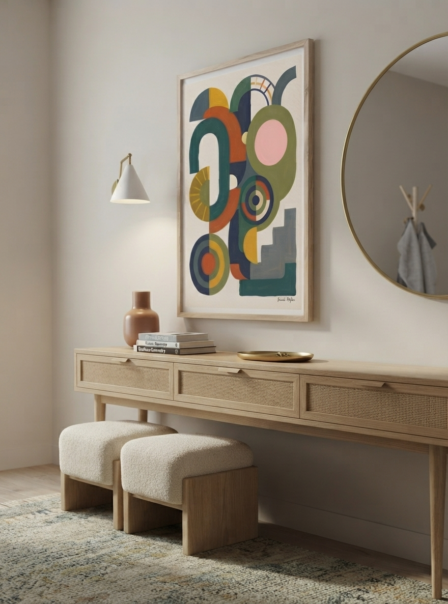 A framed abstract Bauhaus Abstract Geometric Wall Poster inspired by aesthetic minimal block print art from Francis Phylae at Phylae Posters, hangs above a light wood console table with woven drawer fronts, two cream upholstered stools, a wall lamp, books, and a vase in a softly styled interior.