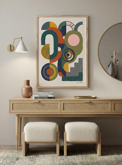A framed abstract Bauhaus Abstract Geometric Wall Poster featuring a colorful geometric pattern poster by Francis Phylae at Phylae Posters, hangs on a light beige wall above a wooden console table with two cream upholstered stools. The artwork features overlapping curved shapes and circles in muted green, orange, blue, pink, and gray tones.