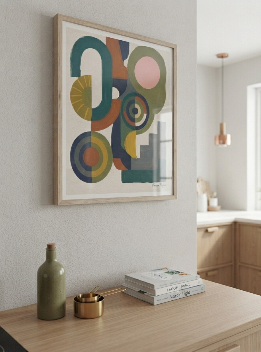 A framed Bauhaus Abstract Geometric Wall Poster with bold color block art print composition by Francis Phylae for Phylae Posters, with colorful shapes in teal, green, orange, yellow, pink, and blue, hanging on a light gray wall above a wooden console table with a green bottle, a small gold container, and a stack of books.