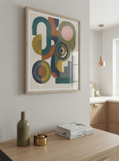 A framed Bauhaus Abstract Geometric Wall Poster with bold color block art print composition by Francis Phylae for Phylae Posters, with colorful shapes in teal, green, orange, yellow, pink, and blue, hanging on a light gray wall above a wooden console table with a green bottle, a small gold container, and a stack of books.