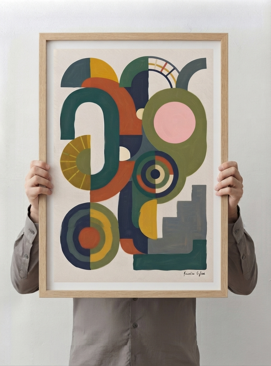 A person holds a light wood framed Bauhaus Abstract Geometric Wall Poster combining Mid Century Modern Geometric Art Print aesthetics with original acrylic artwork by Francis Phylae at Phylae Posters, featuring mid-century modern geometric shapes in green, orange, yellow, pink, and navy on a cream background.
