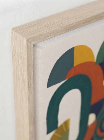 Close-up of a framed Bauhaus Abstract Geometric Wall Poster to buy abstract geometric art online from the exclusive collection of Francis Phylae at Phylae Posters with a light natural wood frame, featuring bold geometric shapes in teal, orange, yellow, and navy on a white background. 
