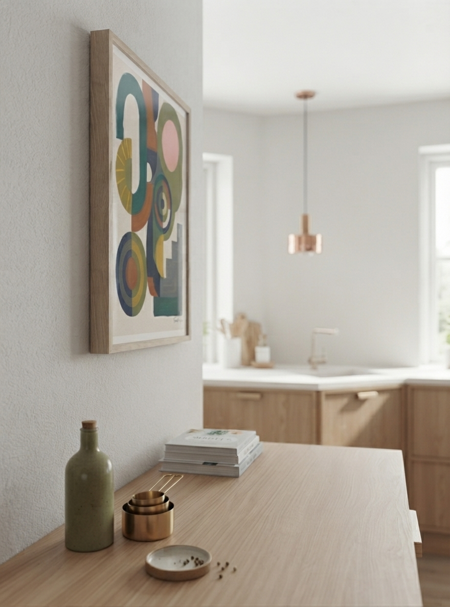 A framed Bauhaus Abstract Geometric Wall Poster with bold color block art print composition by Francis Phylae for Phylae Posters, hangs on a light gray wall above a wooden console table in a modern, softly lit kitchen or interior space. The artwork features overlapping circles and arcs in muted teal, mustard, pink, olive, and cream tones.