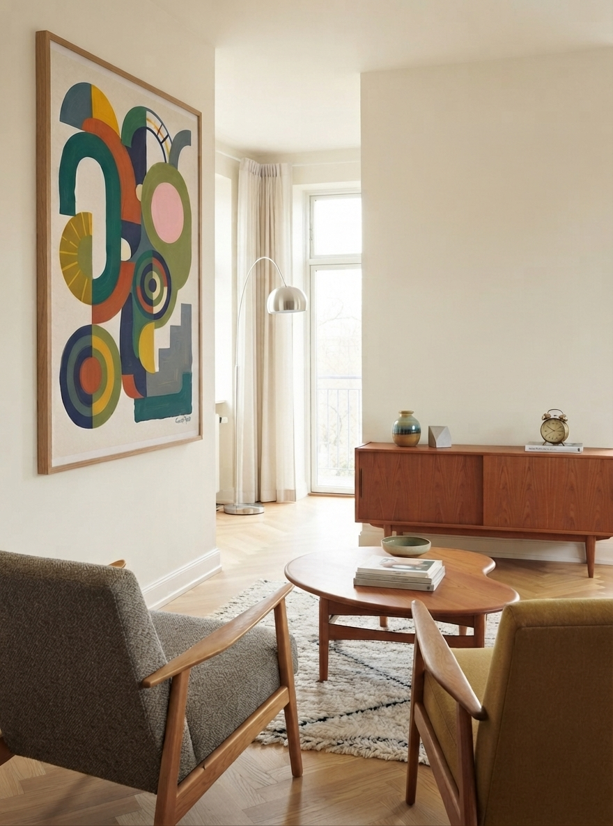 A modern living room interior with a large framed Bauhaus Abstract Geometric Wall Poster inspired by Scandinavian geometric wall decor unframed from original artwork by Francis Phylae at Phylae Posters on the wall, a mid-century wooden credenza, two upholstered armchairs, a round coffee table, and a window with sheer curtains.