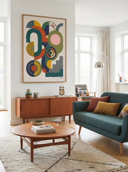 A large framed Bauhaus Abstract Geometric Wall Poster with minimalist boho art print sage green terracotta design by Francis Phylae at Phylae Posters, hangs on a white wall in a bright, modern living room. The artwork features overlapping circles and blocks in teal, yellow, green, orange, pink, and gray on a cream background.