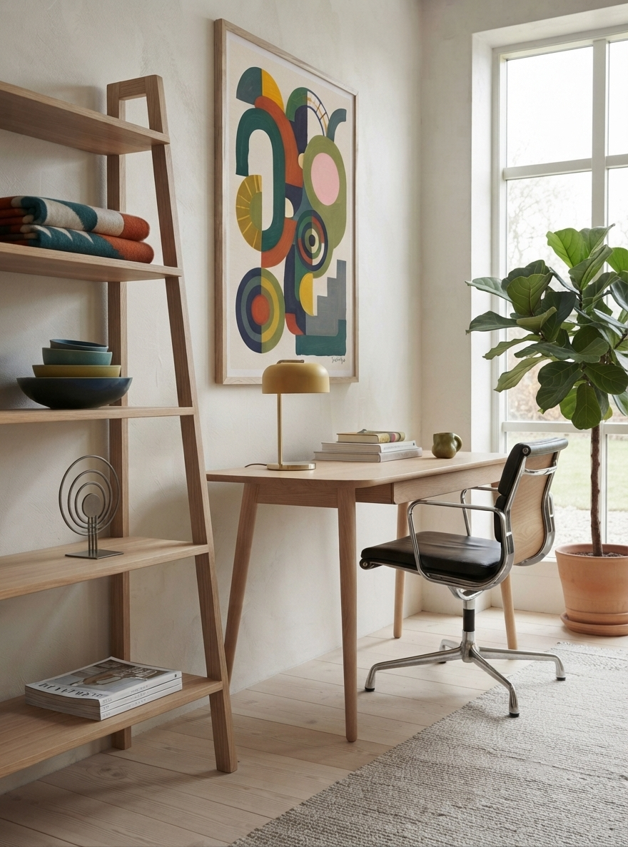 A modern home office scene featuring a light wood desk and ladder shelf, a black office chair, a potted fiddle-leaf fig plant, and a colorful Bauhaus Abstract Geometric Wall Poster designed as eclectic contemporary wall decor by Francis Phylae at Phylae Posters on the wall.