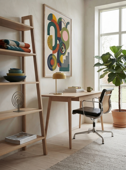 A modern home office scene featuring a light wood desk and ladder shelf, a black office chair, a potted fiddle-leaf fig plant, and a colorful Bauhaus Abstract Geometric Wall Poster designed as eclectic contemporary wall decor by Francis Phylae at Phylae Posters on the wall.