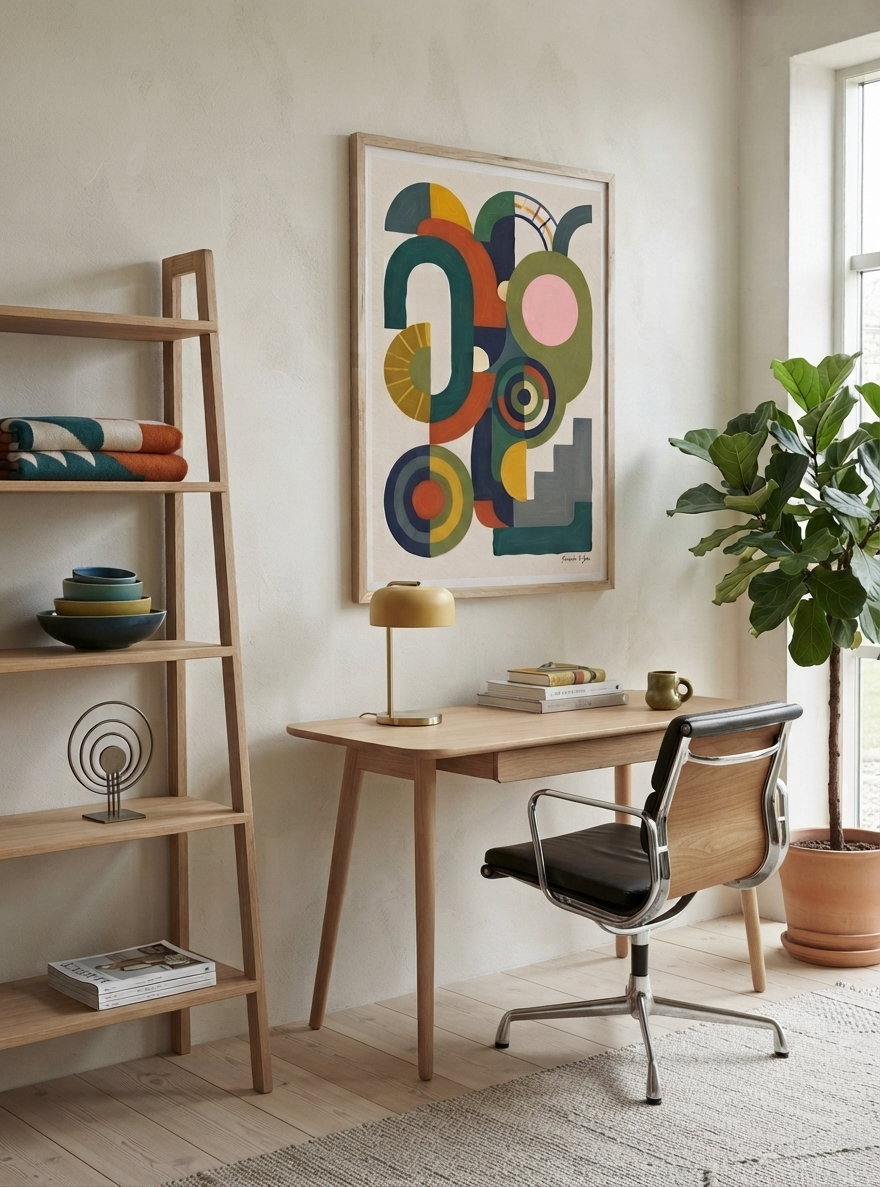 A framed Bauhaus Abstract Geometric Wall Poster with vintage modernist art print style by Francis Phylae for Phylae Posters, hangs on a beige wall above a wooden desk in a bright home office. The print features overlapping circles and curved shapes in teal, green, orange, yellow, pink, and gray.