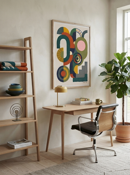 A framed Bauhaus Abstract Geometric Wall Poster with vintage modernist art print style by Francis Phylae for Phylae Posters, hangs on a beige wall above a wooden desk in a bright home office. The print features overlapping circles and curved shapes in teal, green, orange, yellow, pink, and gray.