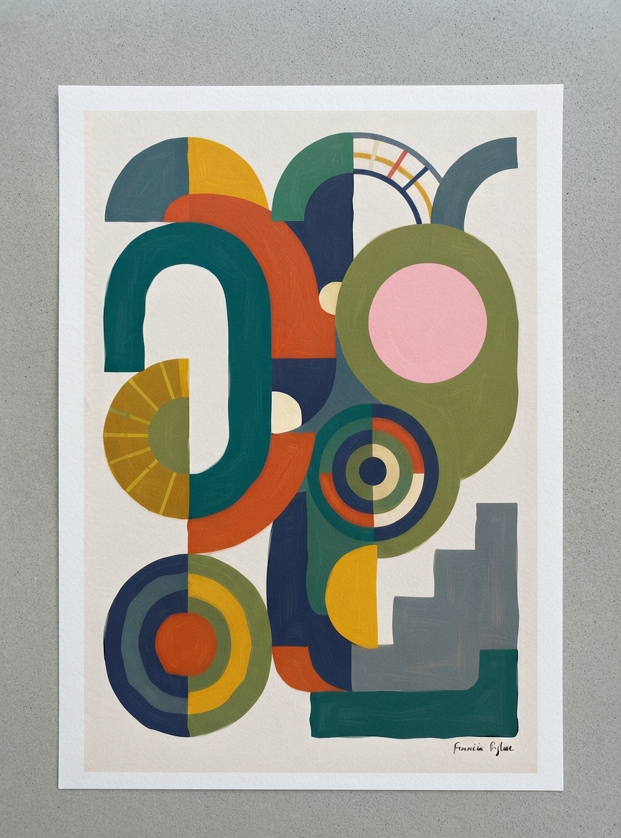 An Bauhaus Abstract Geometric Wall Poster showcasing minimalist boho art print sage green terracotta colours by Francis Phylae from Phylae Posters featuring overlapping circles, arcs, and blocks in teal, olive green, orange, yellow, pink, navy, and gray on an off-white background, mounted against a textured gray wall.