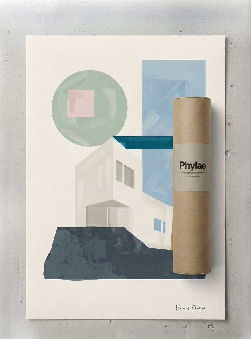An Geometric Art Poster celebrating Bauhaus architecture and minimalist design, professionally printed from original acrylic artwork by Phylae Posters. titled 'by Francis Phylae, featuring geometric shapes in muted blue, green, pink, white, and dark navy, displayed next to a brown kraft paper cylinder with the title printed on it, set against a gray concrete background.