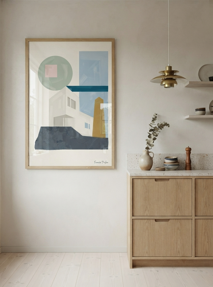 Bauhaus Style Wall Art reproduced from an original acrylic painting by Francis Phylae, perfect for contemporary and Mid-Century Modern interiors on the kitchen wall decor