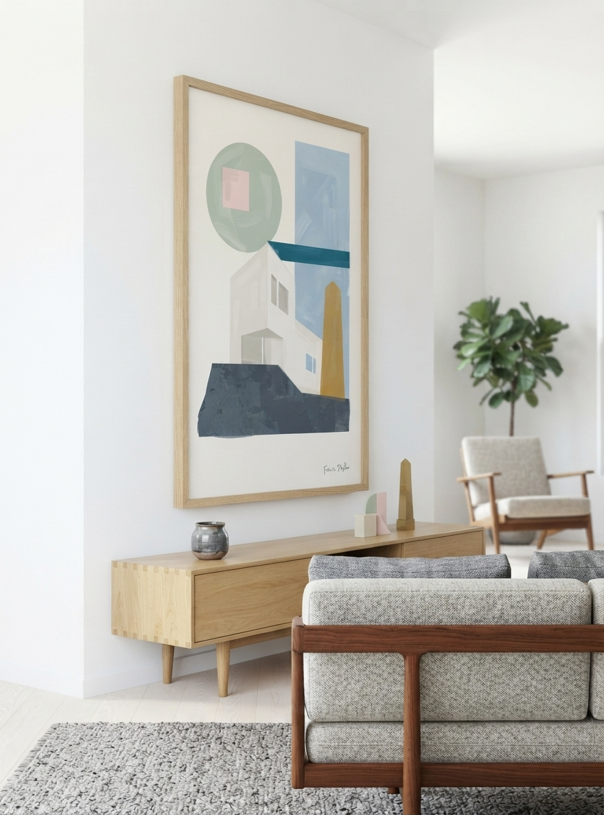 Bauhaus Geometric House Poster with sage green and blue abstract architectural shapes, professionally reproduced from an original painting by Francis Phylae for Phylae Posters, on the wall of a contemporary and modern midcentury nordic living room decor
