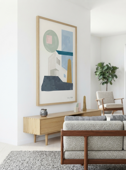 Bauhaus Geometric House Poster with sage green and blue abstract architectural shapes, professionally reproduced from an original painting by Francis Phylae for Phylae Posters, on the wall of a contemporary and modern midcentury nordic living room decor