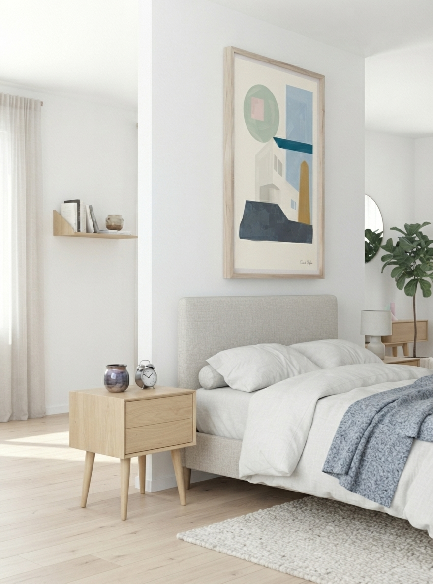 A modern bedroom scene featuring a light wood nightstand, a bed with white bedding and a blue throw blanket, and a large framed Mid-Century Modern Abstract House Print featuring minimalist Bauhaus-inspired architecture in calming sage green and blue tones by Francis Phylae on the wall above the headboard.