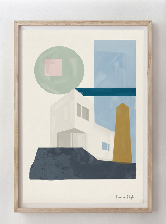 A framed Bauhaus Geometric House Poster by Francis Phylae featuring a Mid-Century Modern Architectural Art Print with minimalist geometric house design by Phylae Posters., featuring a white building, a blue sky block, a gold tower, and a green circle on an off-white background, enclosed in a light wood frame.