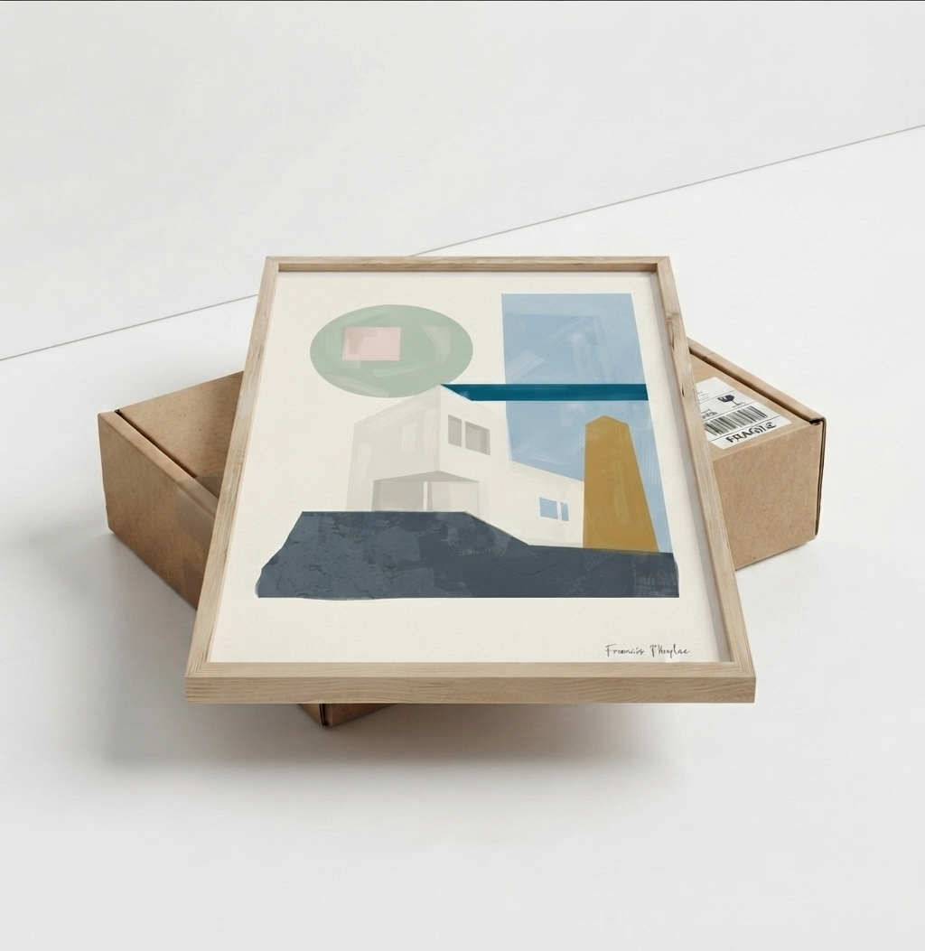 A framed abstract Bauhaus Style Wall Art with elegant architectural forms and neutral color palette created by Francis Phylae by Francis Poulantier, displayed on top of its brown cardboard packaging boxes against a clean white background.