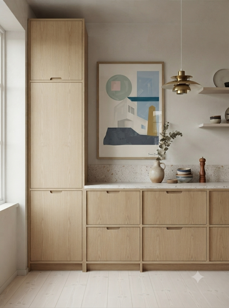 A modern kitchen interior featuring light oak wood cabinetry, including a tall pantry cabinet and lower drawers with matching fronts, a white countertop, a framed Modern Architectural Poster for Living Room featuring geometric architectural forms inspired by Bauhaus design and Mid-Century Modern aesthetics on the wall, a hanging brass pendant light, and a vase with dried stems.