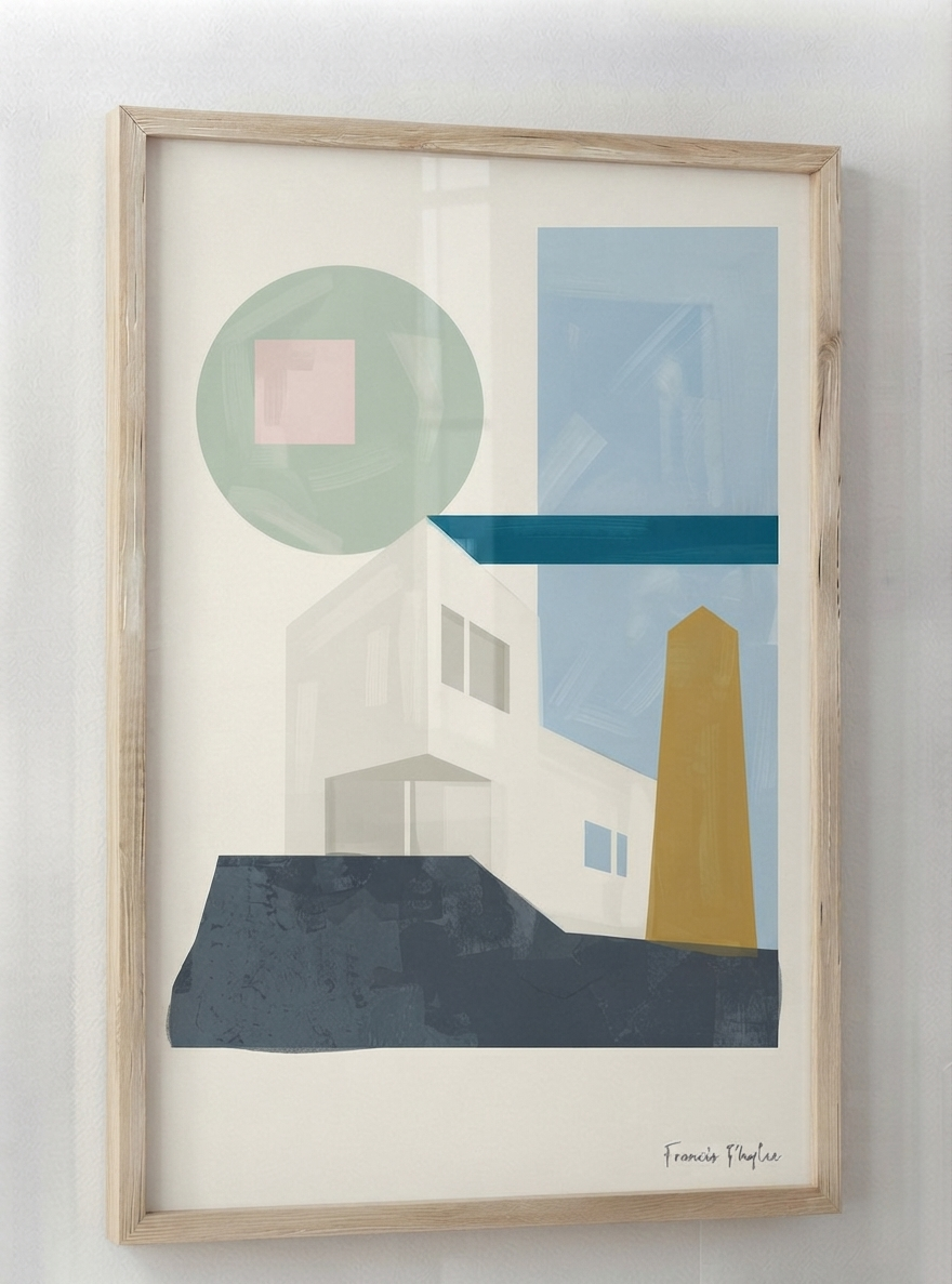 Framed abstract Architectural Abstract Wall Decor inspired by Bauhaus geometry and modern architecture, beautifully reproduced from original artwork by Francis Phylae, featuring white buildings, a blue sky block, a yellow tower, and a pale green circle on a cream background, enclosed in a light natural wood frame.
