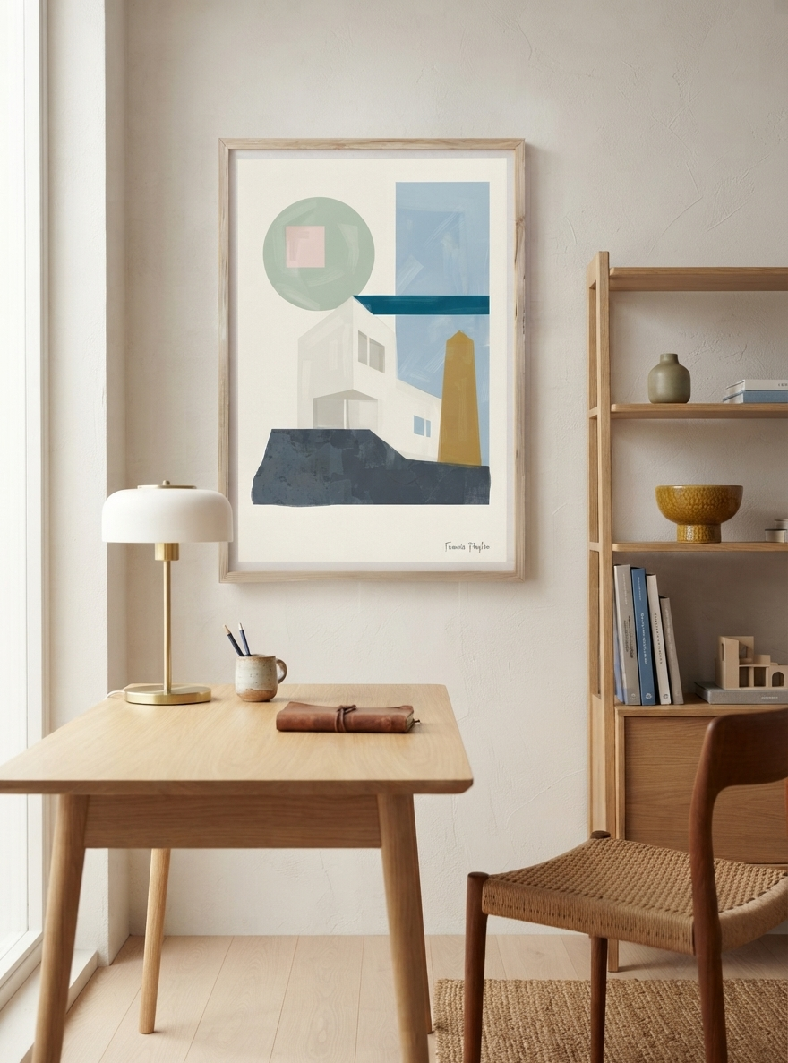 A framed Mid-Century Modern Architectural Art Print with geometric house illustration, soft neutral tones, and Bauhaus-inspired composition by Phylae Posters. with geometric shapes in muted blue, green, white, and yellow, hanging on a light beige wall in a modern, sunlit room with a wooden desk, lamp, and bookshelf.