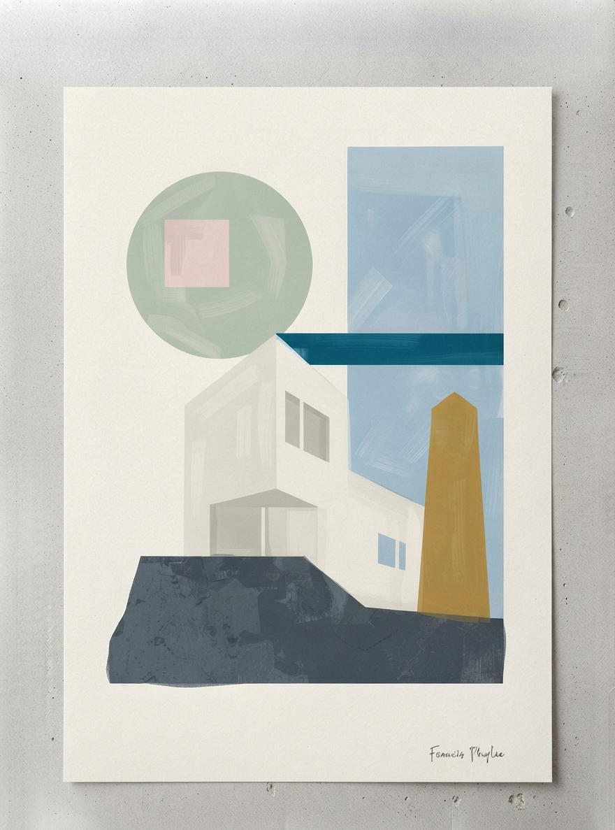 Mid-Century Modern Abstract House Print designed with clean architectural lines and balanced geometric composition by Francis Phylae.