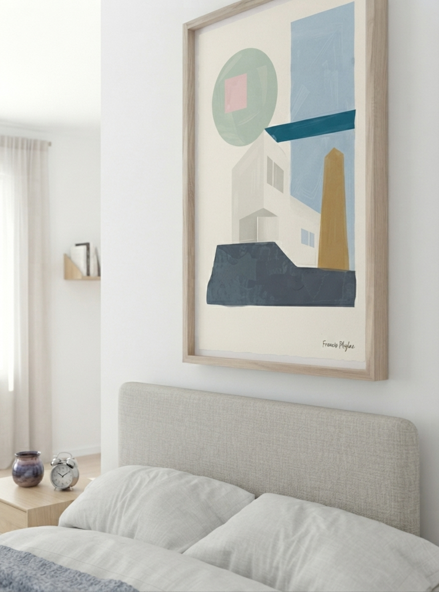 Minimalist Geometric Architectural Poster showcasing abstract modern architecture in a timeless Bauhaus style by Phylae Posters above bed decor