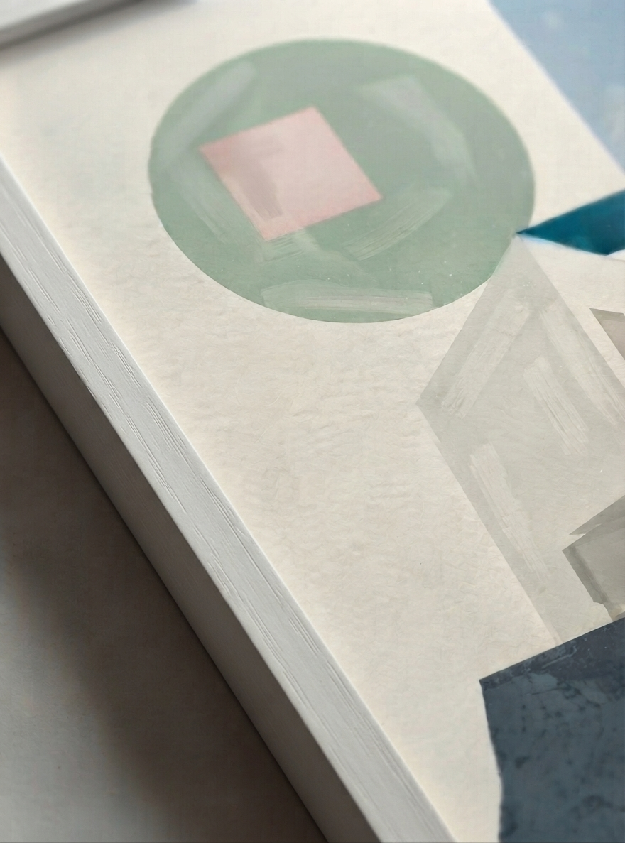 A close-up of a textured Minimalist Abstract House Print featuring geometric architecture and timeless Mid-Century Modern style by artist Francis Phylae, featuring a minimalist abstract design with a sage green circle, a pale pink square, and soft gray geometric shapes.
