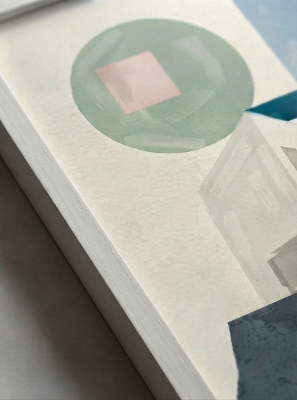 A close-up of a textured Minimalist Abstract House Print featuring geometric architecture and timeless Mid-Century Modern style by artist Francis Phylae, featuring a minimalist abstract design with a sage green circle, a pale pink square, and soft gray geometric shapes.