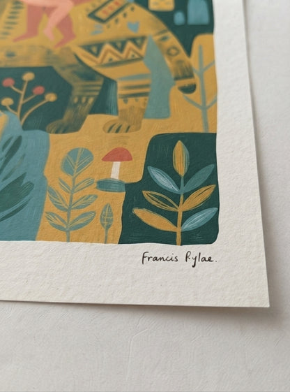 Whimsical Woodland Cat | Folk Art Cat Wall Art Print