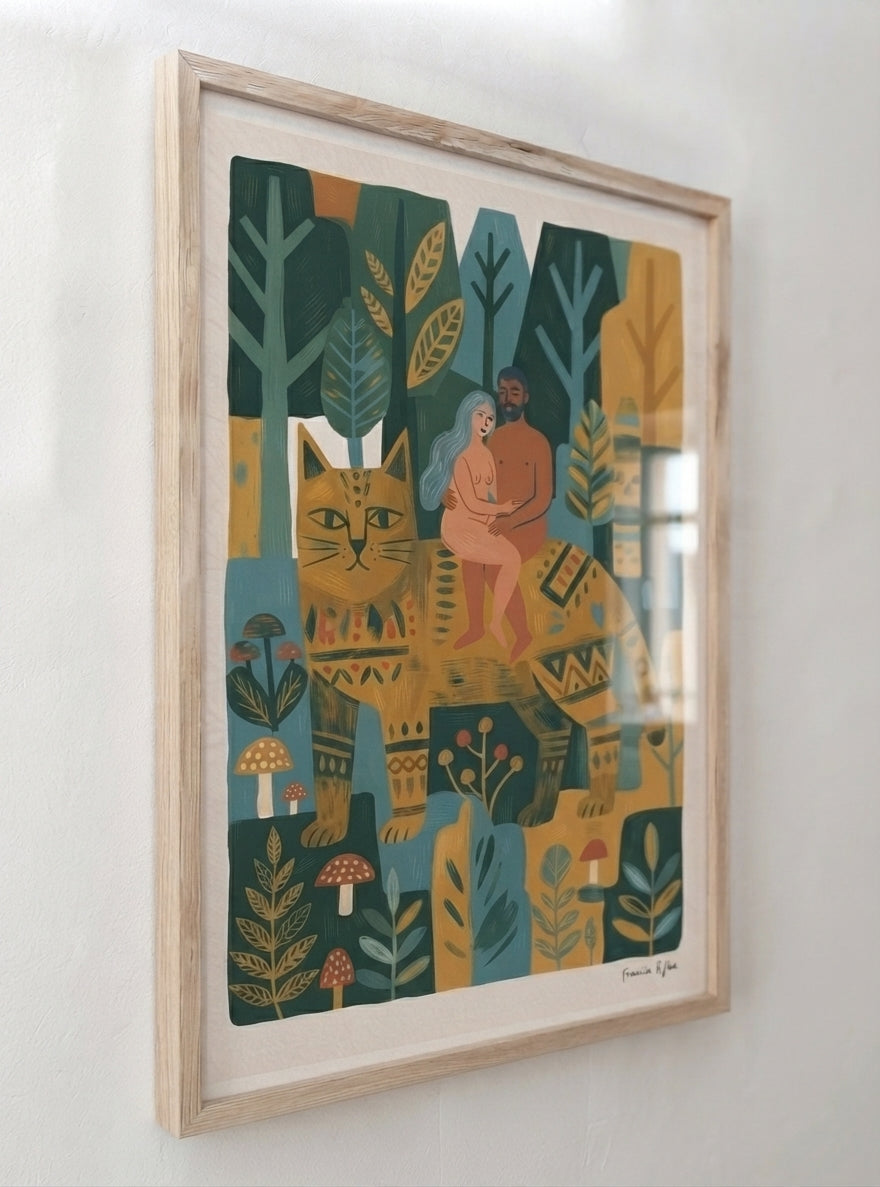 Whimsical Woodland Cat | Folk Art Cat Wall Art Print