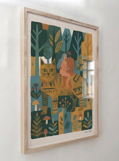 Whimsical Woodland Cat | Folk Art Cat Wall Art Print
