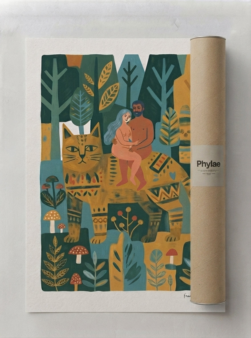 Whimsical Woodland Cat | Folk Art Cat Wall Art Print