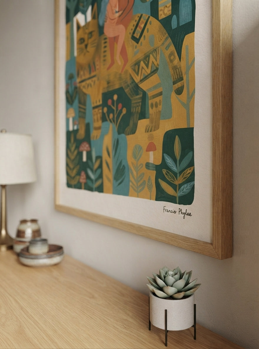 Whimsical Woodland Cat | Folk Art Cat Wall Art Print