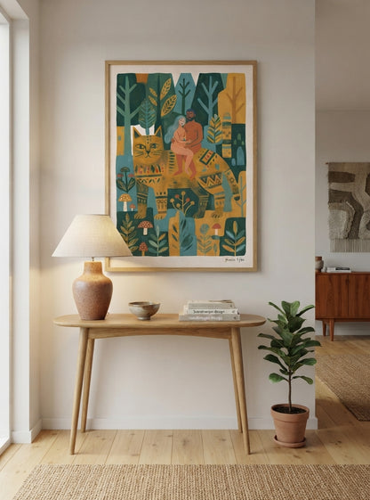 Whimsical Woodland Cat | Folk Art Cat Wall Art Print