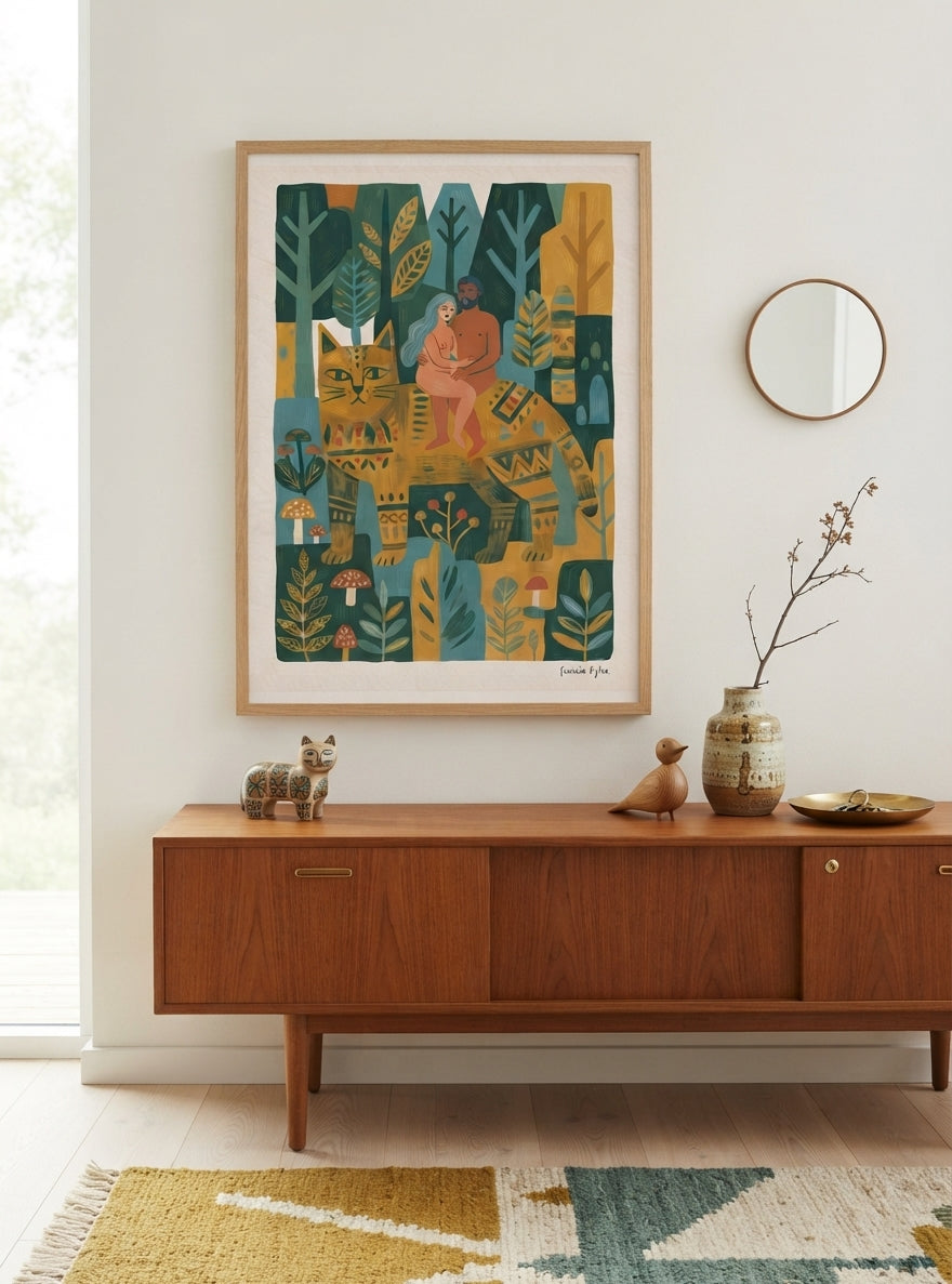 Whimsical Woodland Cat | Folk Art Cat Wall Art Print