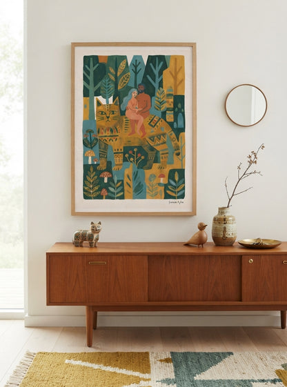 Whimsical Woodland Cat | Folk Art Cat Wall Art Print