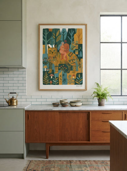 Whimsical Woodland Cat | Folk Art Cat Wall Art Print