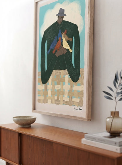 The Bird Whisperer | Modern Folk Art Man with Birds Fine Art Print