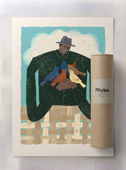The Bird Whisperer | Modern Folk Art Man with Birds Fine Art Print
