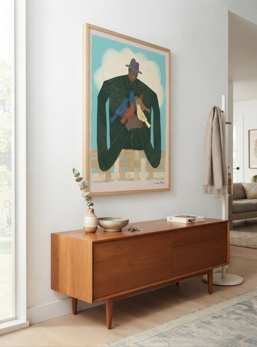 The Bird Whisperer | Modern Folk Art Man with Birds Fine Art Print