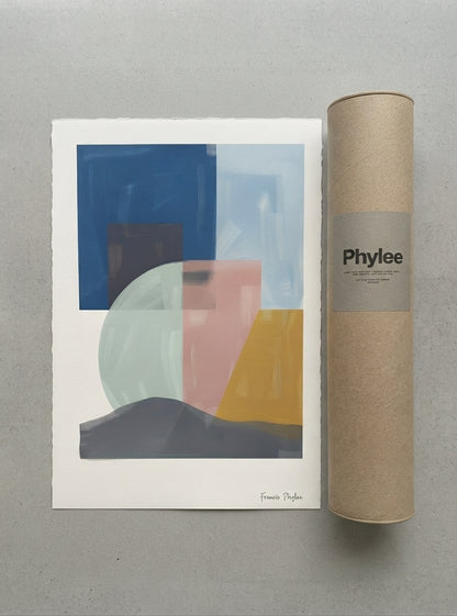 An abstract Mid-Century Modern Geometric Landscape Art Print produced as a premium canvas print geometric abstract artwork by Francis Phylae for Phylae Posters next to its kraft paper cardboard tube packaging, displayed on a neutral gray surface.