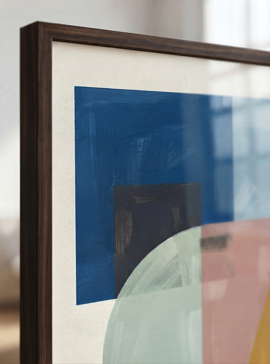A framed  Mid-Century Modern Geometric Landscape Art Print available as ready to hang wall art from an original acrylic painting by Francis Phylae at Phylae Postersfeaturing geometric shapes in blue, pink, and pale green on a white background, enclosed in a dark brown wooden frame.